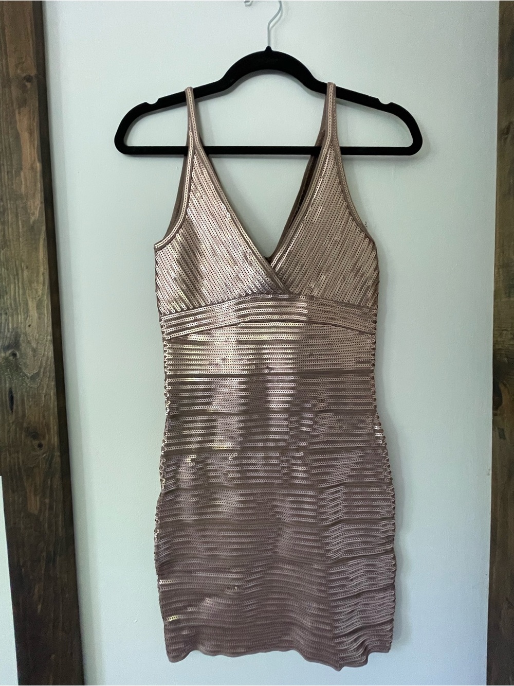 bebe Rose Gold Sequin V-Neck Bandage Mini Dress